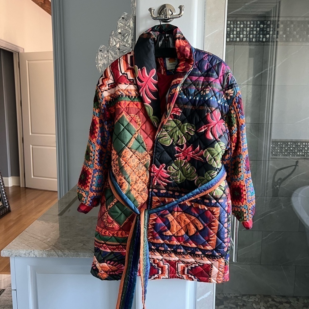 FARM RIO Patchwork Tapestry Crochet-Sleeve Puffer Jacket - Picture 8 of 14